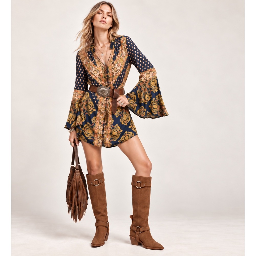 Free People Womens XS Paisley Boho Bell Sleeve Tunic Blouse western whimsical